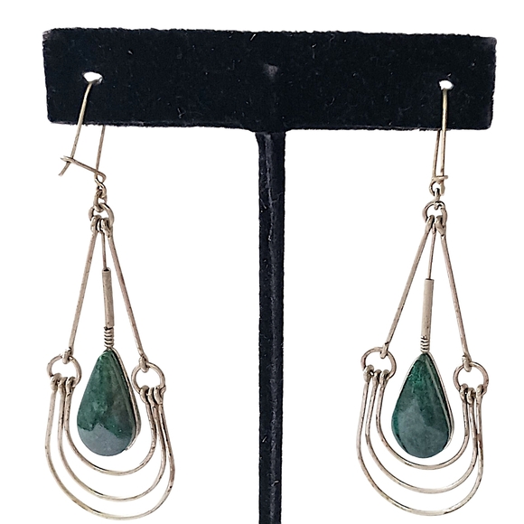 Malachite Green Stone Wire Design Earrings Teardrop Dangle Dainty Bohemian Gypsy - Picture 6 of 16